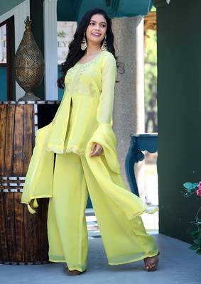 Light-yellow embroidered crunchy silk kurti with plazzo and duppata set 5