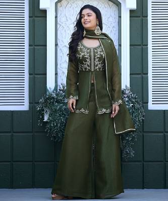 Olive embroidered crunchy silk kurti with plazzo and duppata set 1