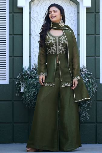 Olive embroidered crunchy silk kurti with plazzo and duppata set