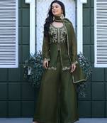 Olive embroidered crunchy silk kurti with plazzo and duppata set