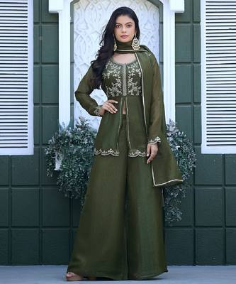 Olive embroidered crunchy silk kurti with plazzo and duppata set 2