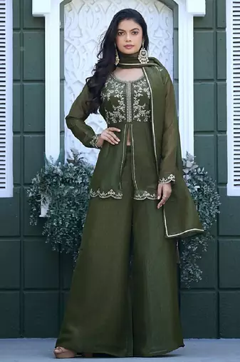 Olive embroidered crunchy silk kurti with plazzo and duppata set