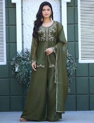 Olive embroidered crunchy silk kurti with plazzo and duppata set 3