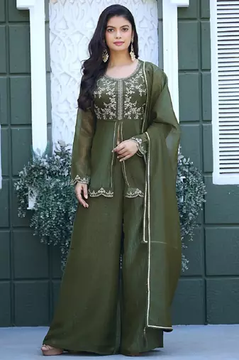 Olive embroidered crunchy silk kurti with plazzo and duppata set