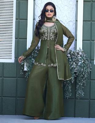 Olive embroidered crunchy silk kurti with plazzo and duppata set 4