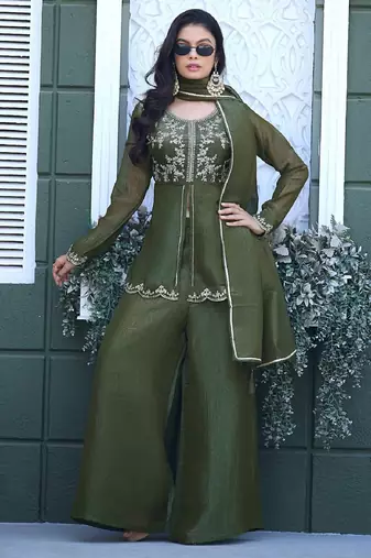 Olive embroidered crunchy silk kurti with plazzo and duppata set
