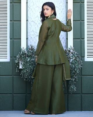 Olive embroidered crunchy silk kurti with plazzo and duppata set 5