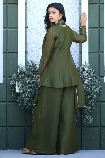 Olive embroidered crunchy silk kurti with plazzo and duppata set