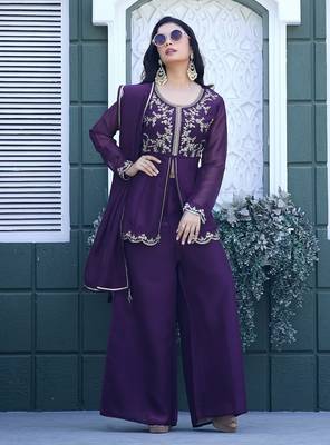 Purple embroidered crunchy silk kurti with plazzo and duppata set 1