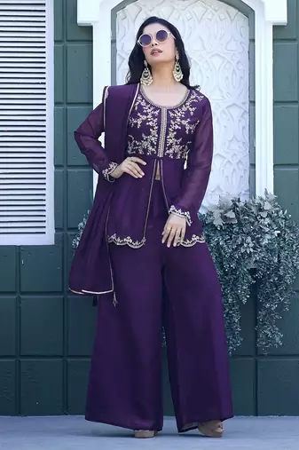 Purple embroidered crunchy silk kurti with plazzo and duppata set