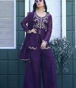 Purple embroidered crunchy silk kurti with plazzo and duppata set