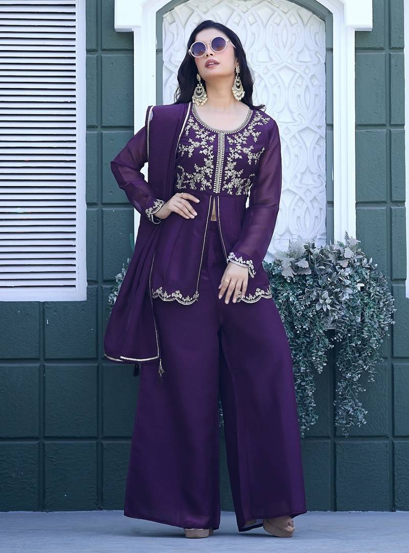 Purple embroidered crunchy silk kurti with plazzo and duppata set