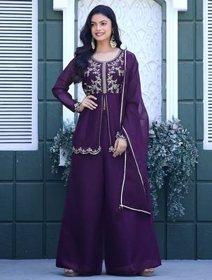 Purple embroidered crunchy silk kurti with plazzo and duppata set 2