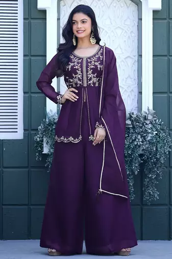 Purple embroidered crunchy silk kurti with plazzo and duppata set