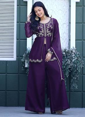 Purple embroidered crunchy silk kurti with plazzo and duppata set 3