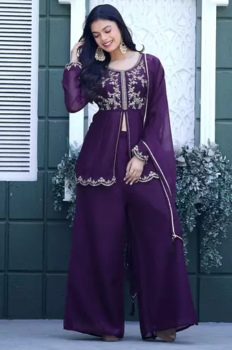 Purple embroidered crunchy silk kurti with plazzo and duppata set