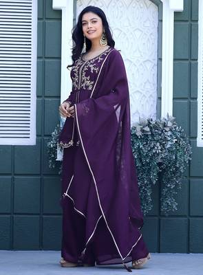 Purple embroidered crunchy silk kurti with plazzo and duppata set 4