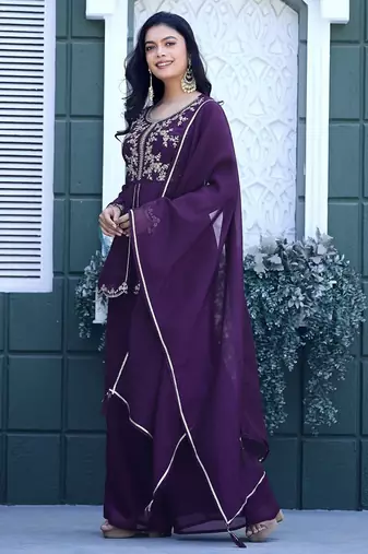 Purple embroidered crunchy silk kurti with plazzo and duppata set