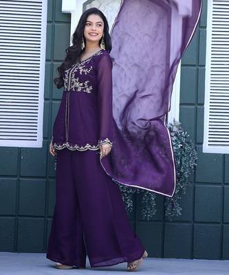Purple embroidered crunchy silk kurti with plazzo and duppata set 5