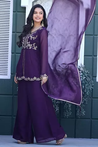 Purple embroidered crunchy silk kurti with plazzo and duppata set