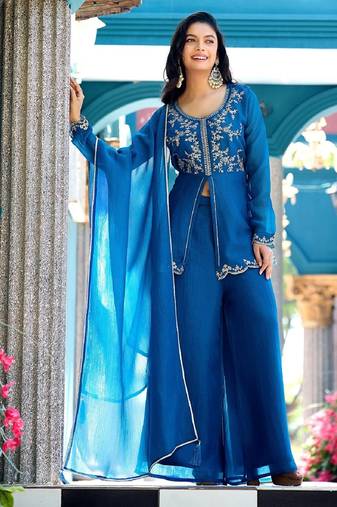 Blue embroidered crunchy silk kurti with plazzo and duppata set