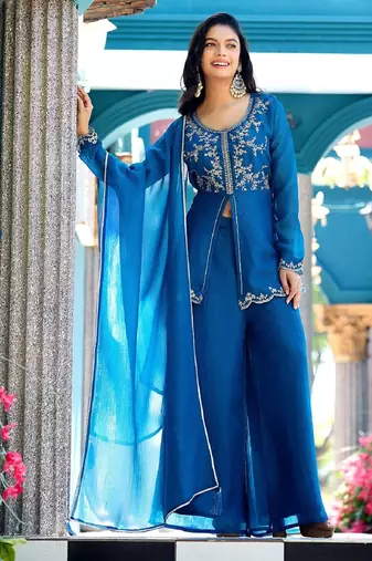 Blue embroidered crunchy silk kurti with plazzo and duppata set
