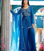Blue embroidered crunchy silk kurti with plazzo and duppata set