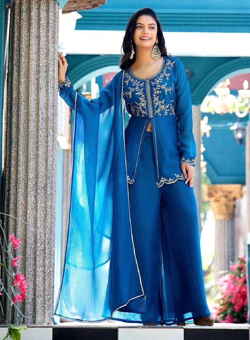 Blue embroidered crunchy silk kurti with plazzo and duppata set