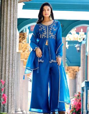Blue embroidered crunchy silk kurti with plazzo and duppata set 2