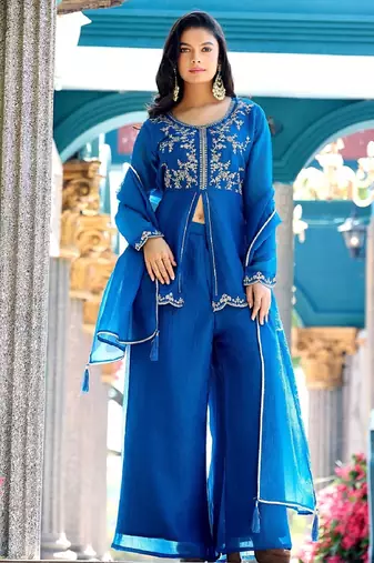 Blue embroidered crunchy silk kurti with plazzo and duppata set