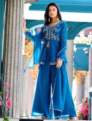 Blue embroidered crunchy silk kurti with plazzo and duppata set 3