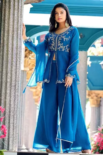 Blue embroidered crunchy silk kurti with plazzo and duppata set