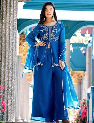 Blue embroidered crunchy silk kurti with plazzo and duppata set 4