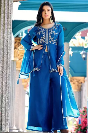 Blue embroidered crunchy silk kurti with plazzo and duppata set