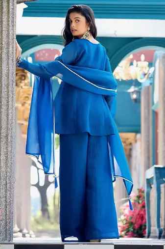 Blue embroidered crunchy silk kurti with plazzo and duppata set