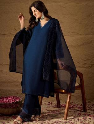 Navy blue embroidered vichitra silk kurti with pant and duppata set 1