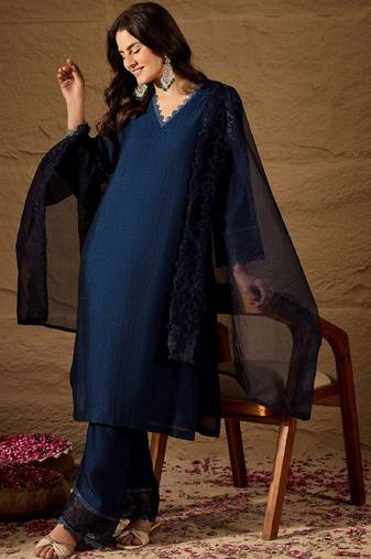 Navy blue embroidered vichitra silk kurti with pant and duppata set
