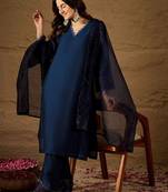 Navy blue embroidered vichitra silk kurti with pant and duppata set