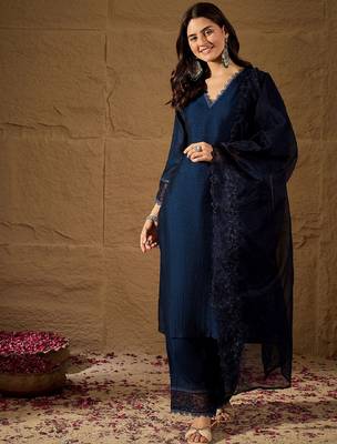 Navy blue embroidered vichitra silk kurti with pant and duppata set 2