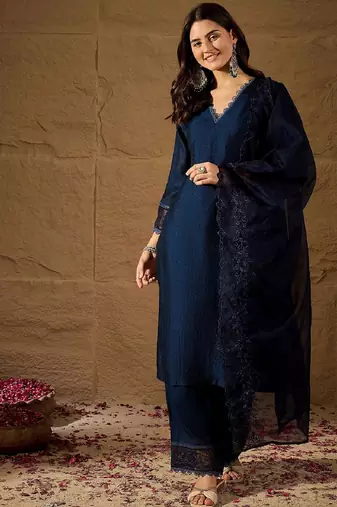 Navy blue embroidered vichitra silk kurti with pant and duppata set