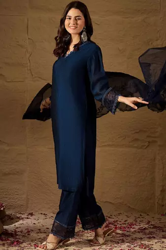 Navy blue embroidered vichitra silk kurti with pant and duppata set
