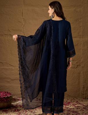 Navy blue embroidered vichitra silk kurti with pant and duppata set 4