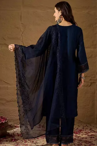 Navy blue embroidered vichitra silk kurti with pant and duppata set