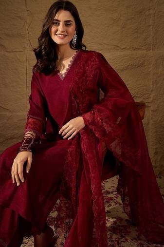 Maroon blue embroidered vichitra silk kurti with pant and duppata set