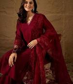 Maroon blue embroidered vichitra silk kurti with pant and duppata set