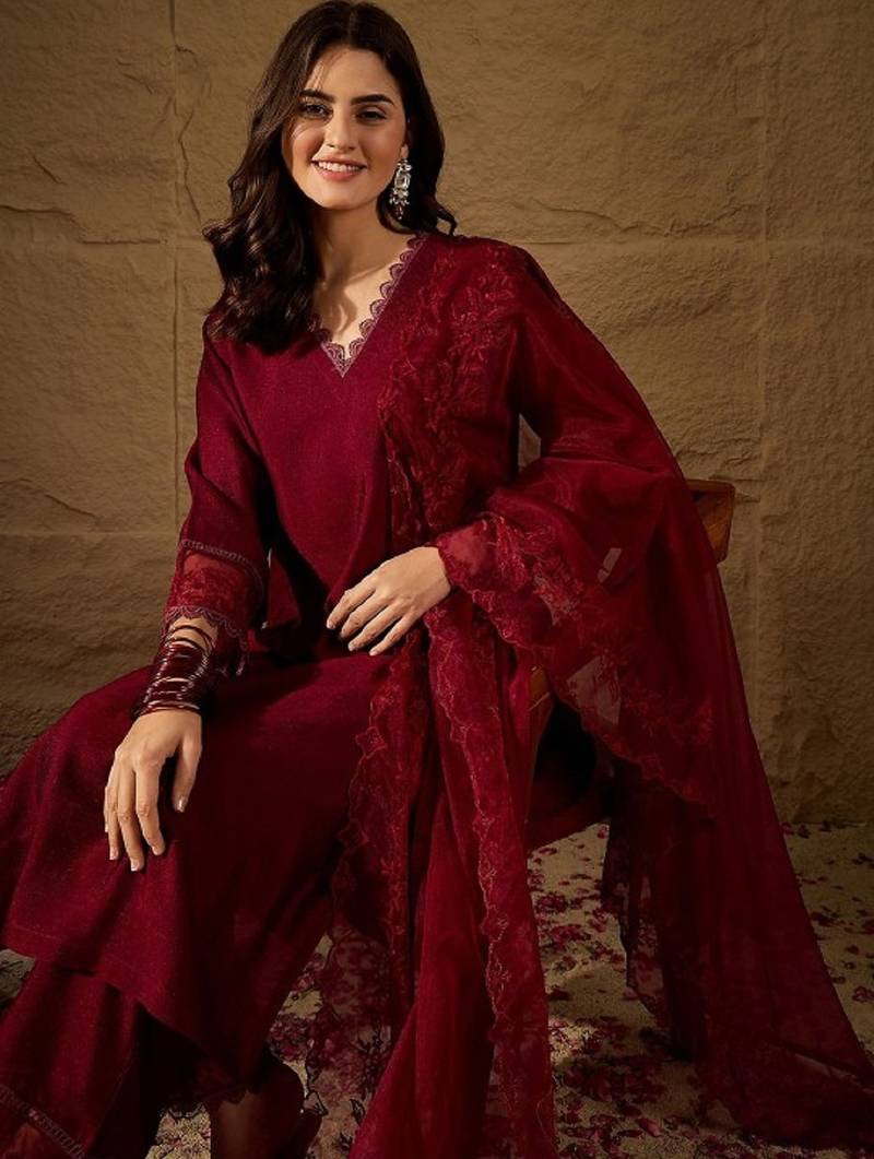 Maroon blue embroidered vichitra silk kurti with pant and duppata set