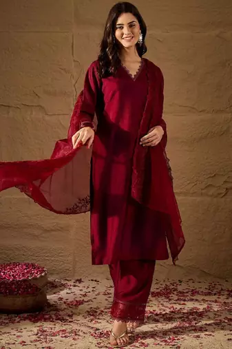 Maroon blue embroidered vichitra silk kurti with pant and duppata set