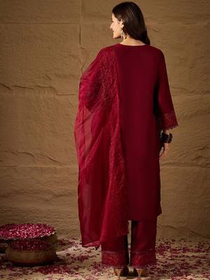 Maroon blue embroidered vichitra silk kurti with pant and duppata set 4
