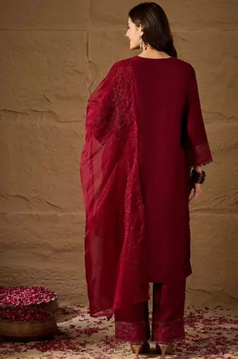 Maroon blue embroidered vichitra silk kurti with pant and duppata set