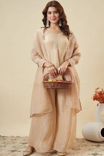Beige embroidered crunchy silk kurti with plazzo and duppata set